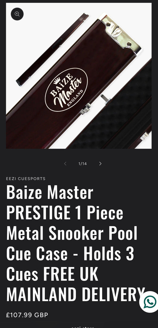 Baize Master PRESTIGE 1 Piece Metal Snooker Pool Cue Case - Holds 3 Cues FREE UK MAINLAND DELIVERY